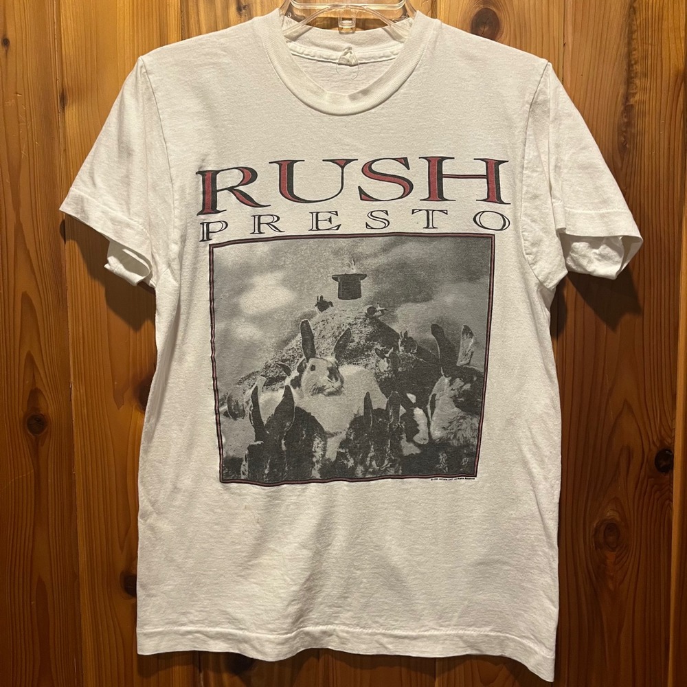 VTG Rush Band Tee T-Shirt White 1990 Presto Tour Rabbit Hat Graphic Mens S